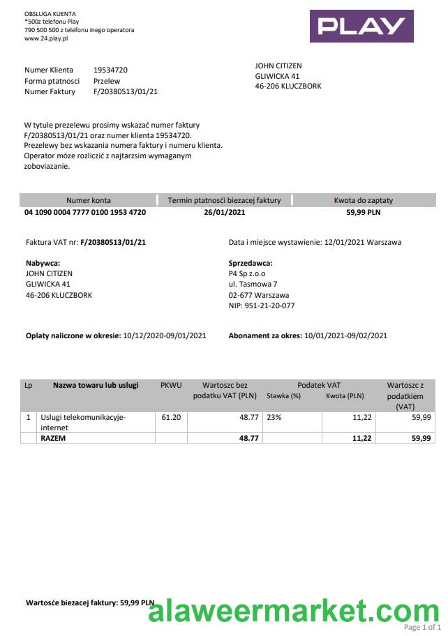 Poland Play utility bill template in Word and PDF format